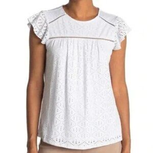Adrianna Papell White Eyelet Knit Flutter Sleeve Top Size Medium
